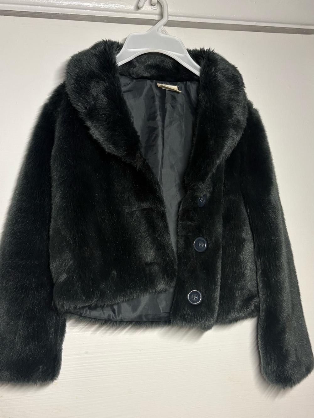 Girls Black Faux Fur Pea Coat - Plush Button-Front Jacket